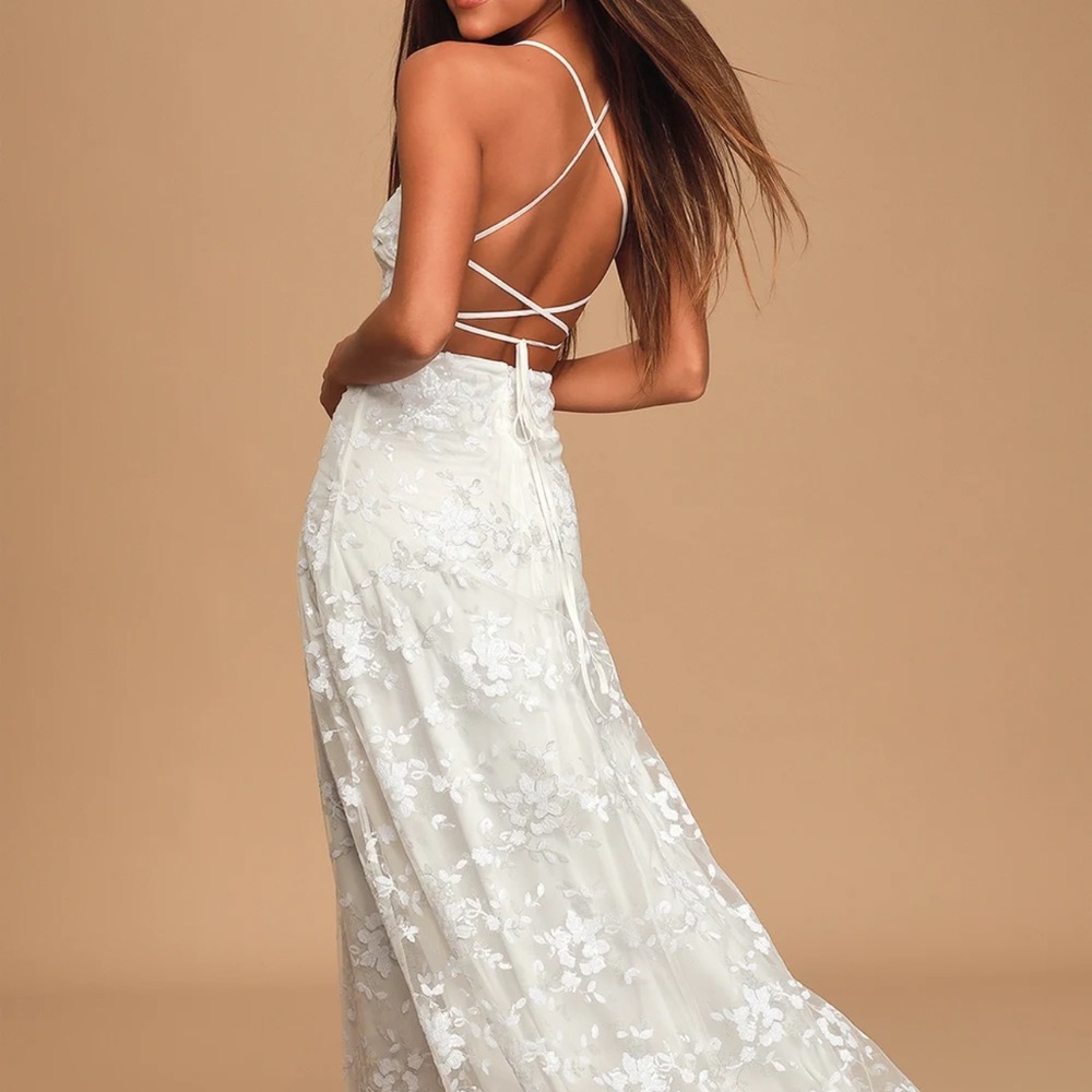 Magically Charming White Sequin Embroidered Lace-Up Maxi Dress - Size Small